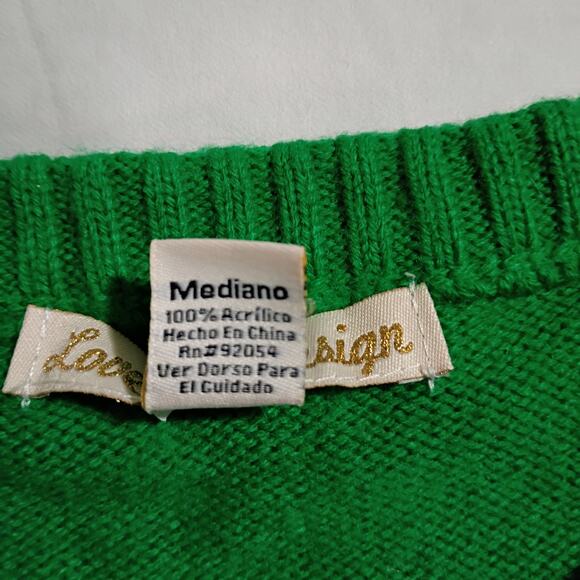 UGLY CHRISTMAS SWEATER Medium Women's Rudolf Green w/White Polka Dots PomPom - Picture 8 of 10